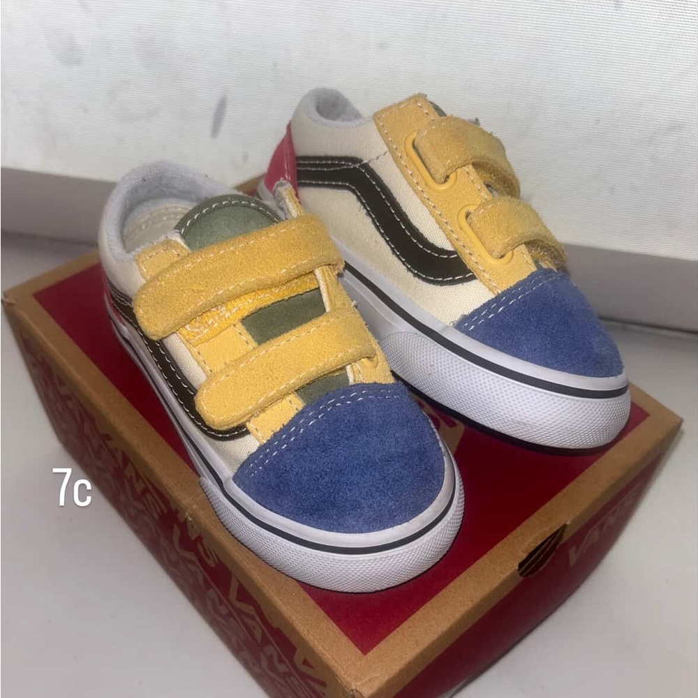 Vans Kids Sneakers with Blue, Yellow, and Green Accents